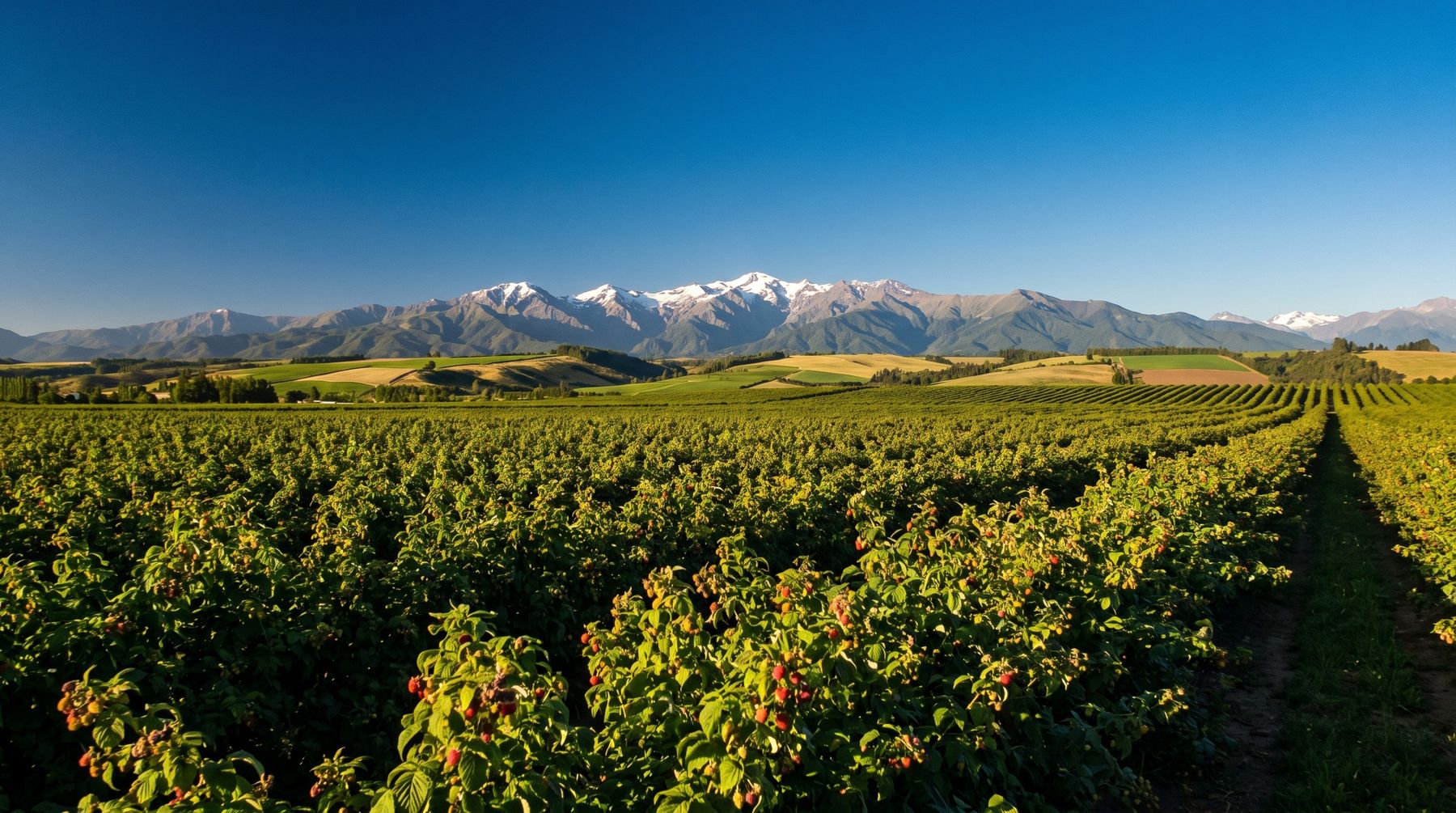 Plantación de frambuesas en Ñuble con la cordillera de los Andes al fondo