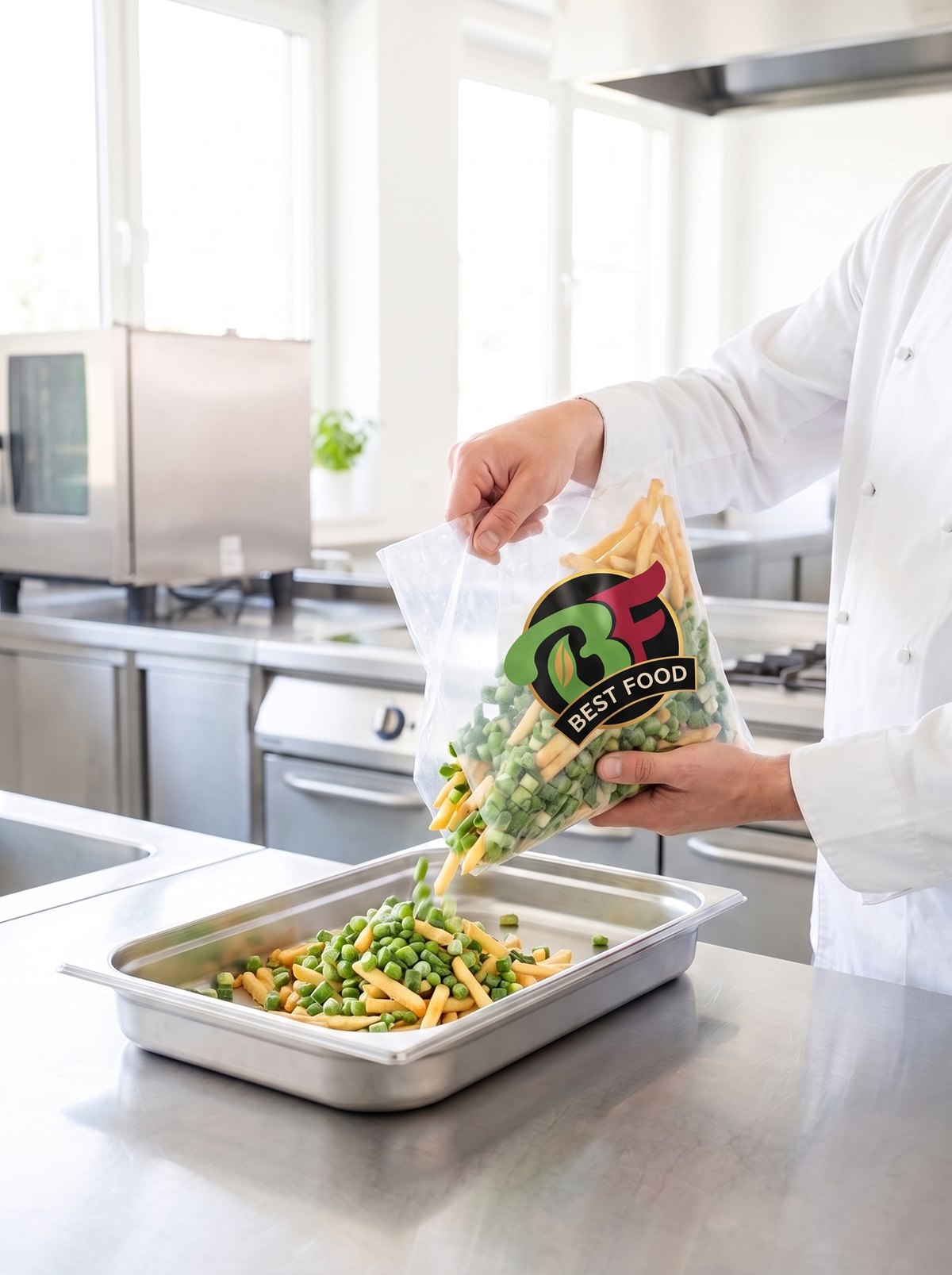 Chef vaciando una bolsa Best Food de vegetales IQF y papa prefrita en una bandeja de acero