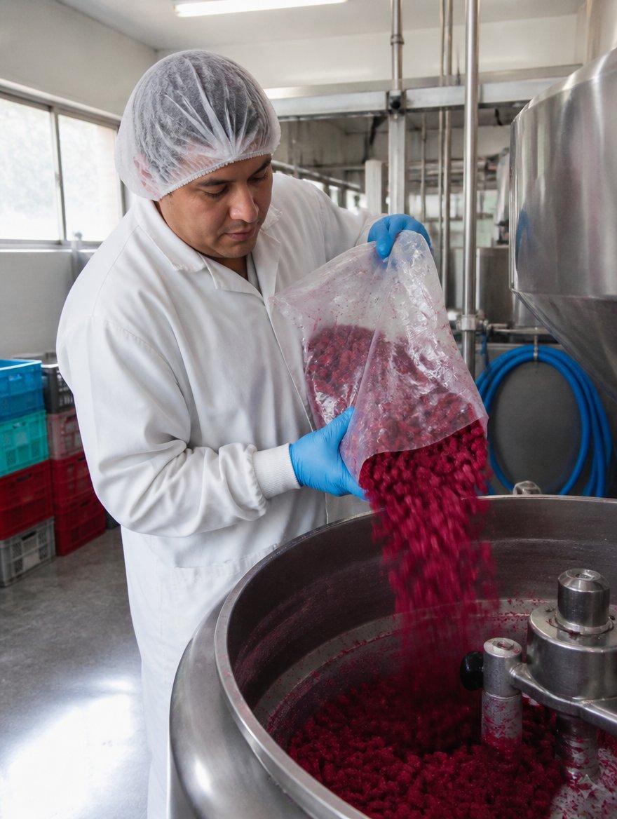 Heladería industrial: fruta congelada en línea de producción