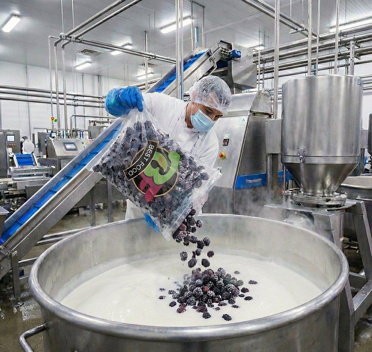 Operario vaciando una bolsa de mora IQF Best Food en un estanque de yogurt